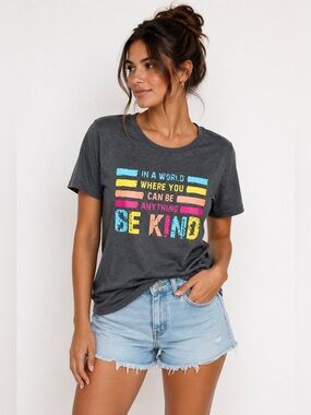 NEW Graphic “Be Kind” Crewneck Tee Shirt Grey with Multi Color Print